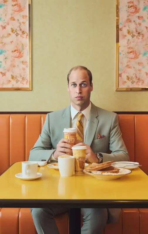 AI-generated image of a distinguished older man in a suit seated at a café table with a coffee cup in a golden mid-century setting