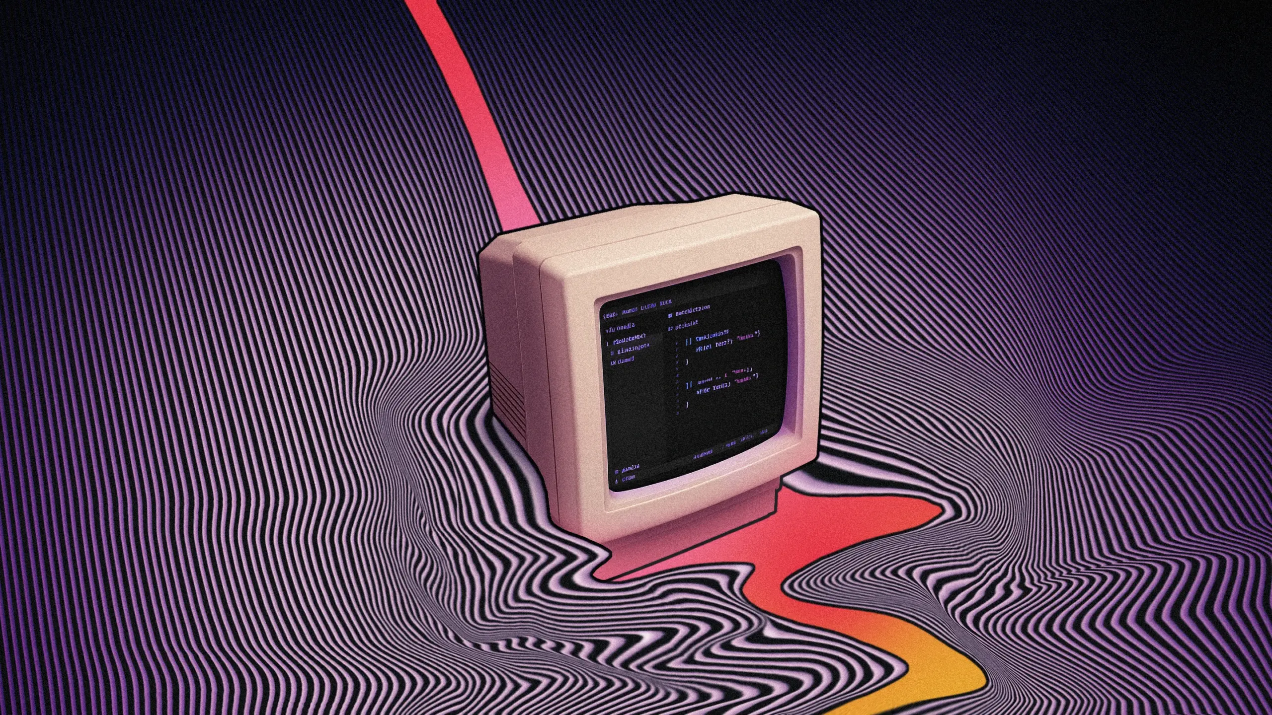 Surreal photograph of a vintage CRT television with psychedelic swirling patterns on screen, placed on a rippled patterned surface