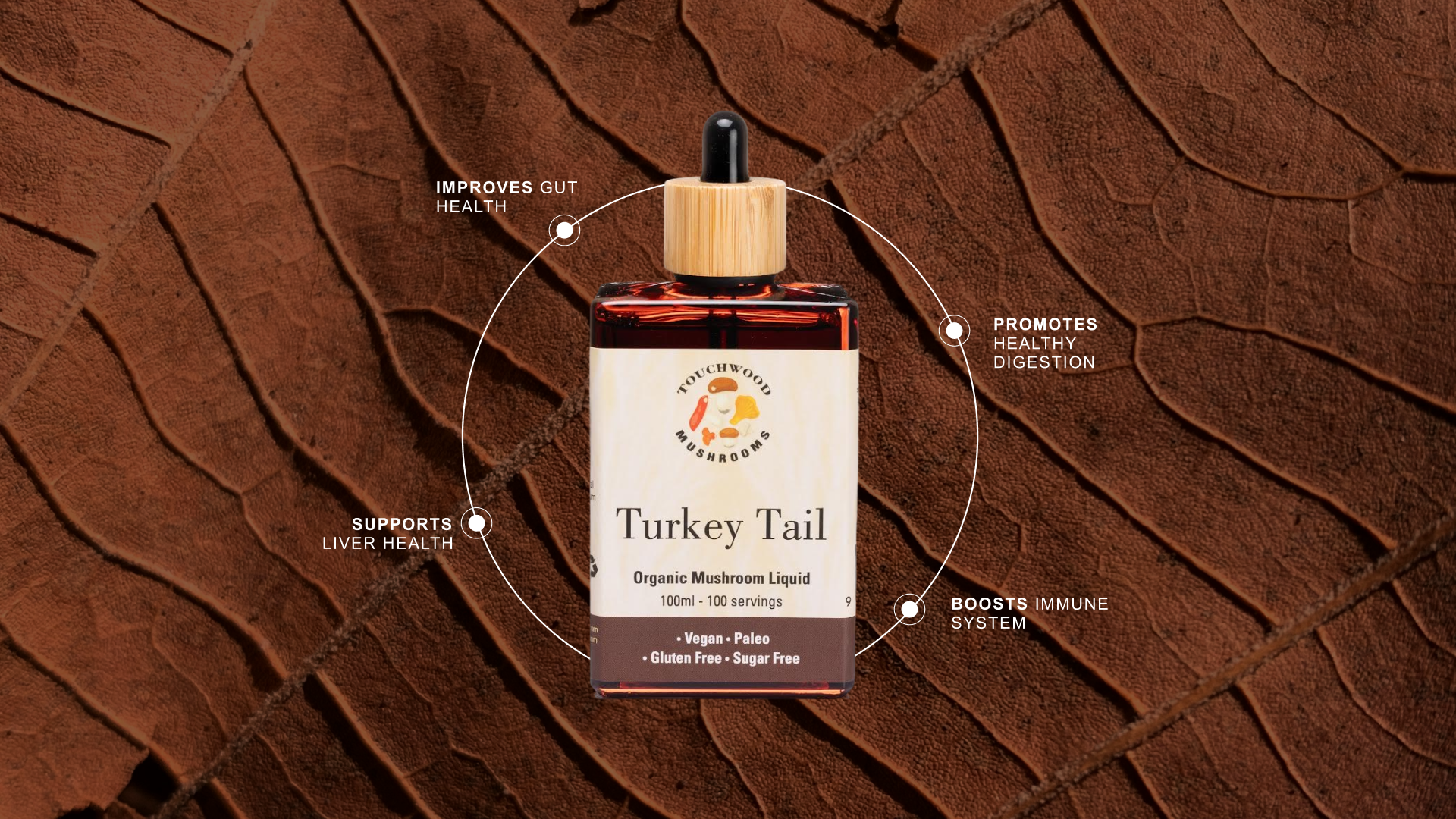 Turkey Tail mushroom supplement bottle photographed against a rich wood grain textured background in dark moody product lighting
