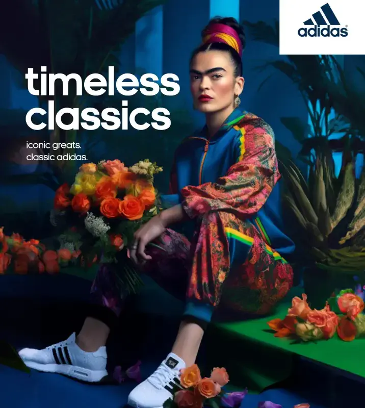 Adidas 'Timeless Classics' AI-generated concept poster imagining Frida Kahlo in colourful Adidas clothing surrounded by flowers with the Adidas logo