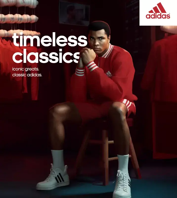 Adidas 'Timeless Classics' AI-generated concept poster imagining Muhammad Ali in red Adidas clothing in a powerful stance with the Adidas logo