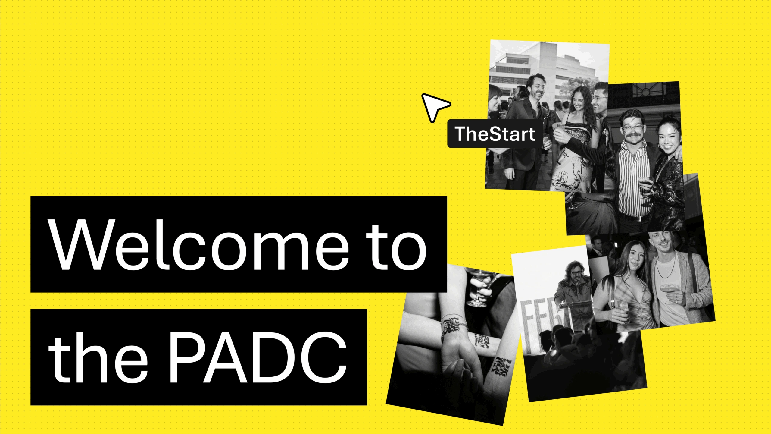 Bright yellow 'Welcome to the PADC' onboarding graphic with website screenshot and brand elements for the Perth Advertising and Design Club