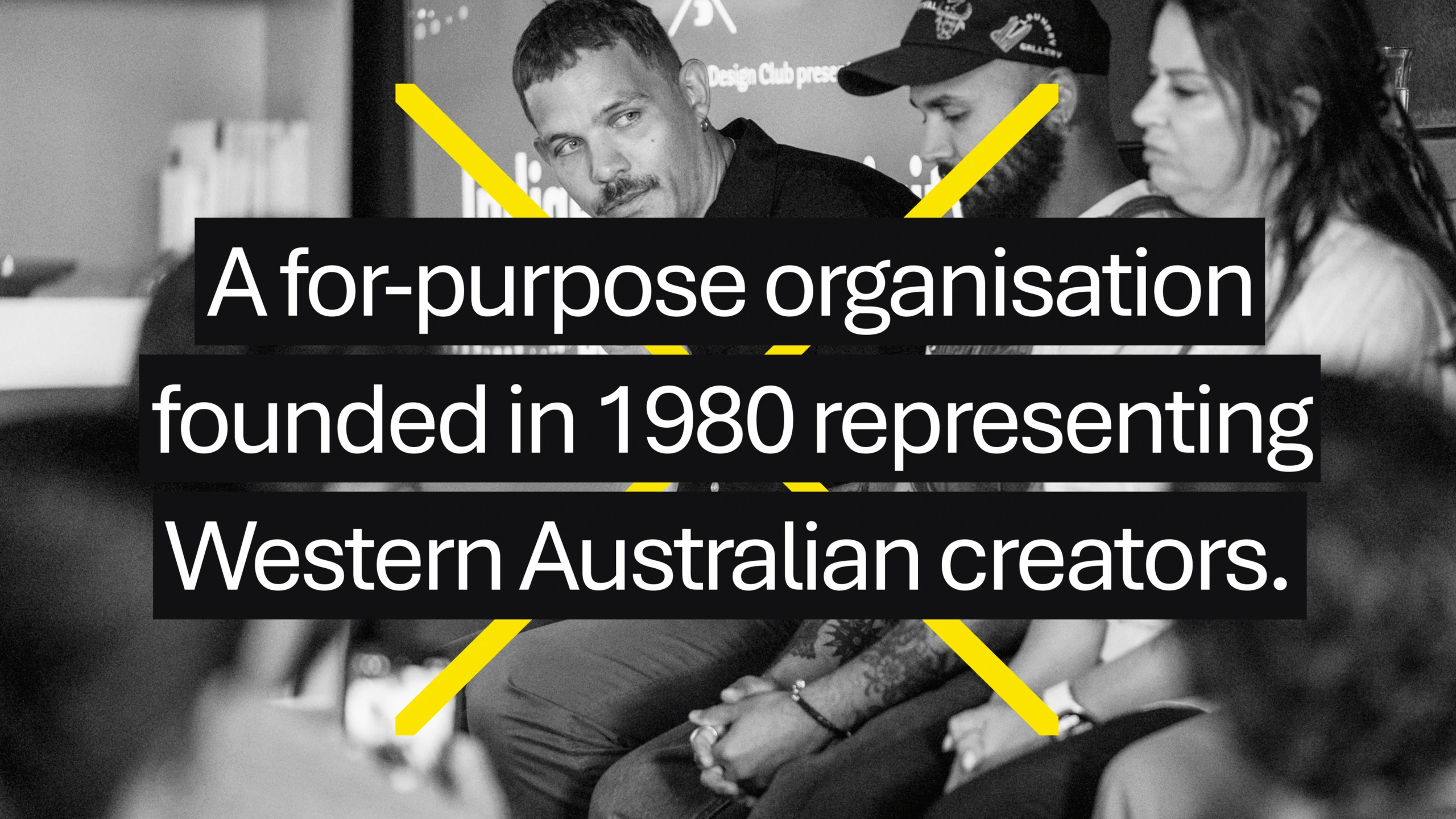 Text graphic on dark background reading 'A for-purpose organisation founded in 1980 representing Western Australian creators' — PADC brand statement