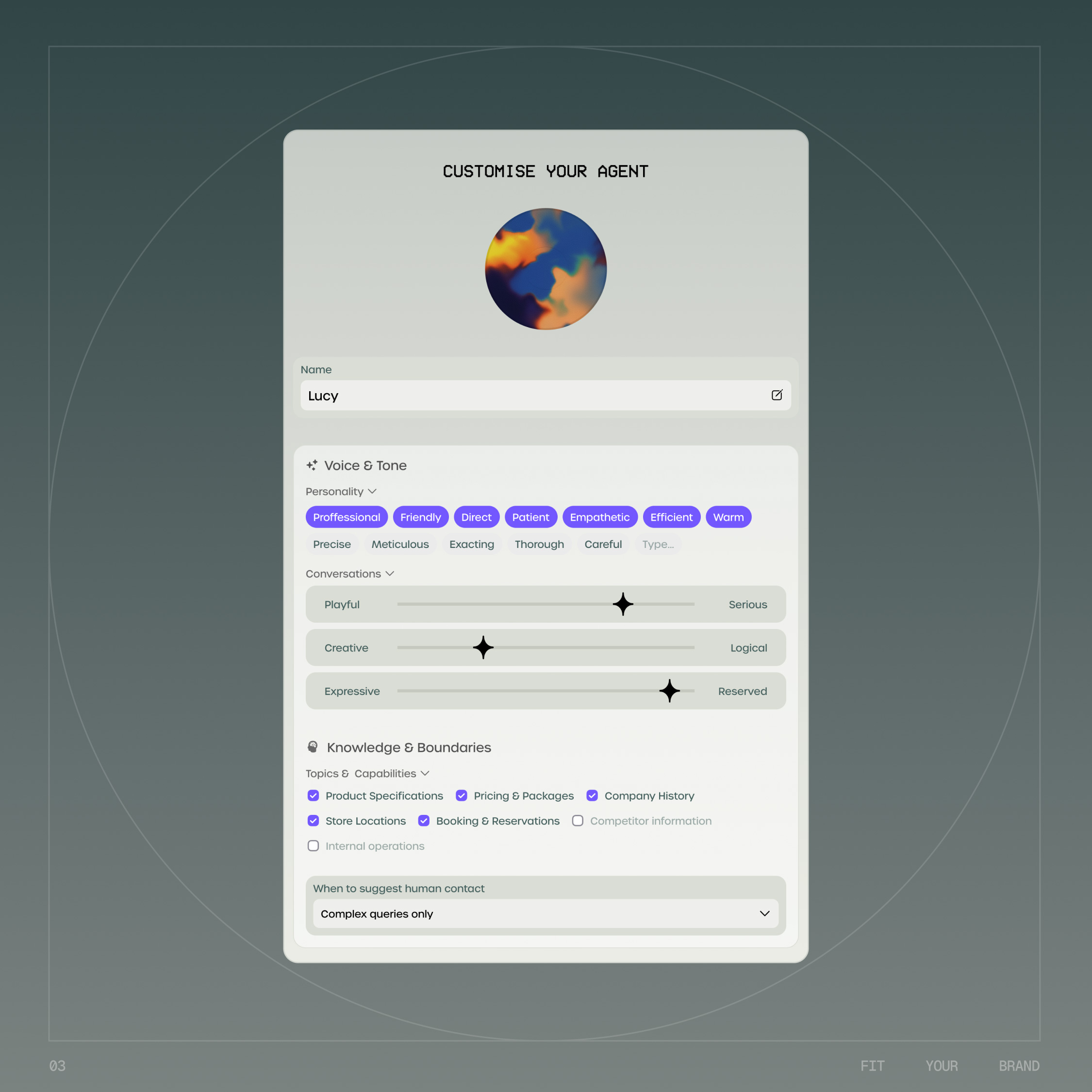 Screenshot of an AI agent customisation settings panel with purple and blue UI
