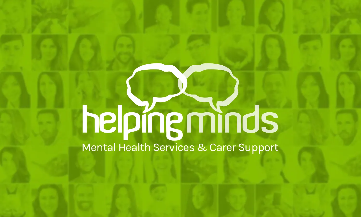 HelpingMinds logo on lime green background with a subtle grid of portrait photographs