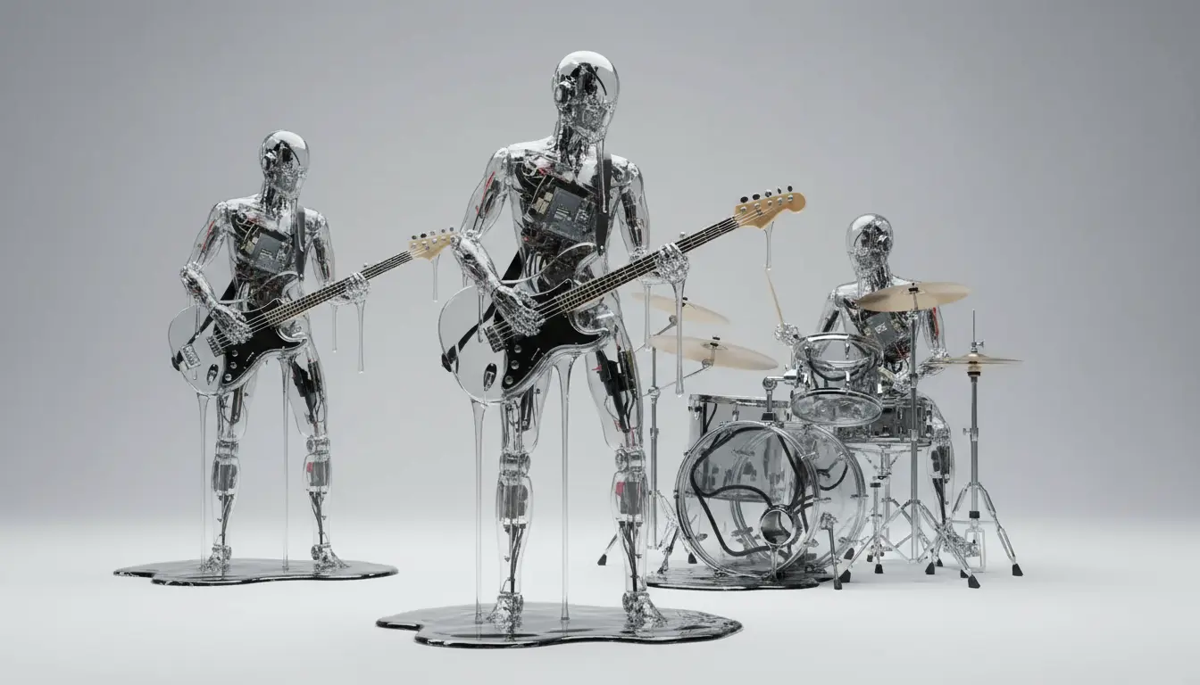 3D rendered robot band playing guitar, bass, and drums