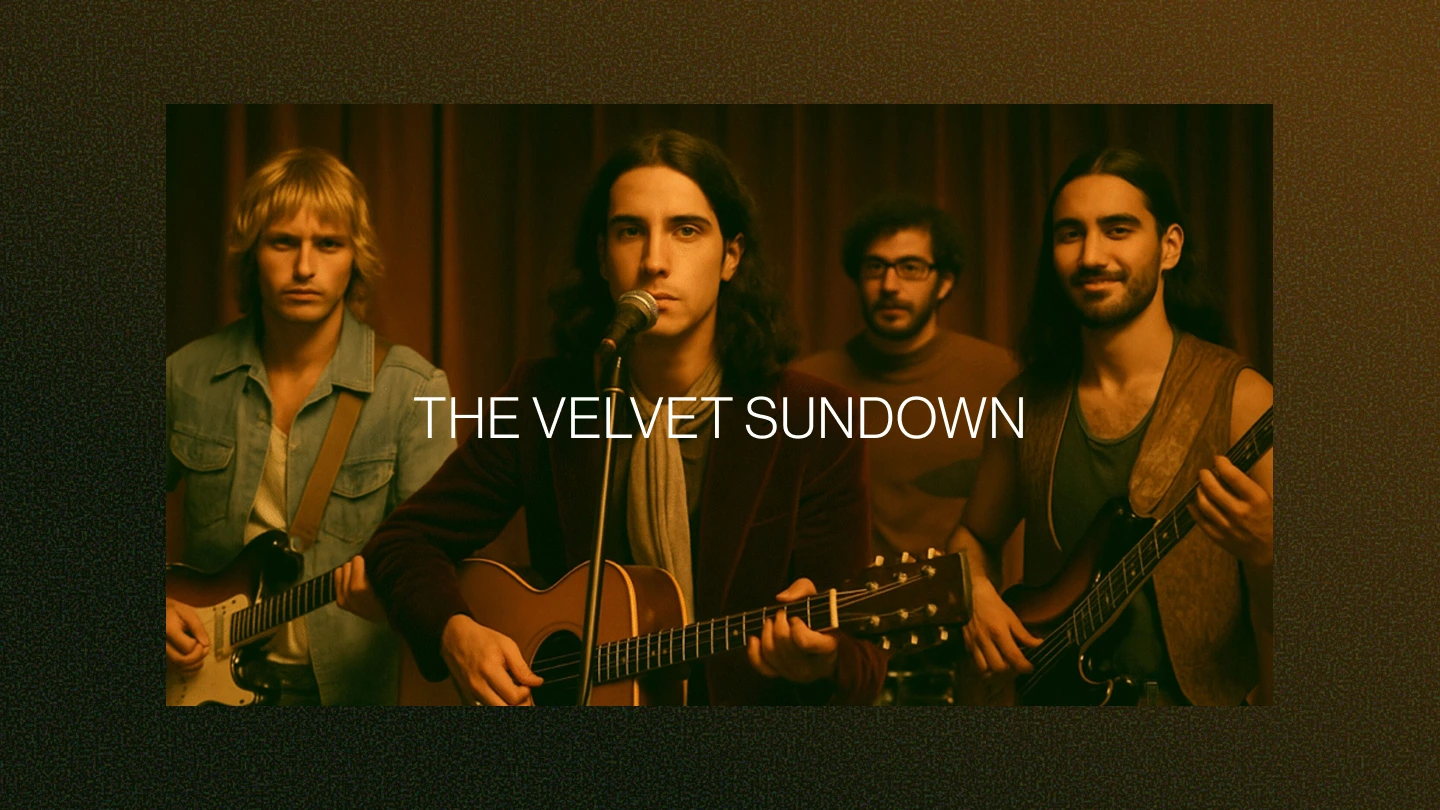 The Velvet Sundown band promotional photo — musicians gathered in a warm atmospheric setting