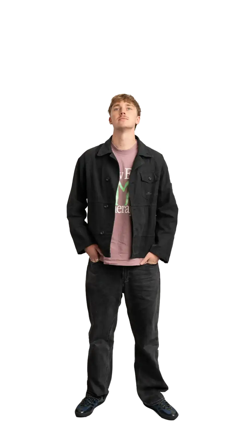 Adam Langridge, Marketing Specialist at The Start, full-body portrait — looking straight up