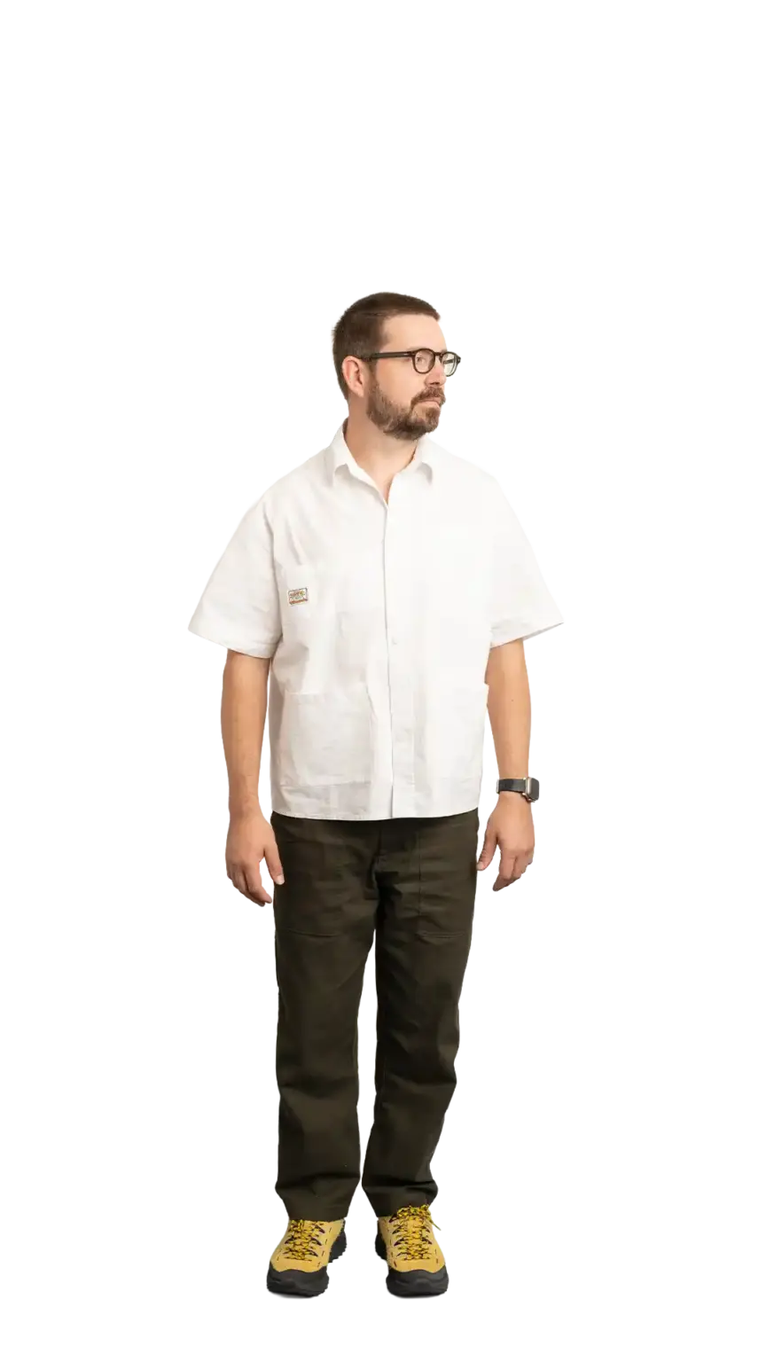 Clinton Sutherland, Creative Director at The Start, full-body portrait — looking to the right