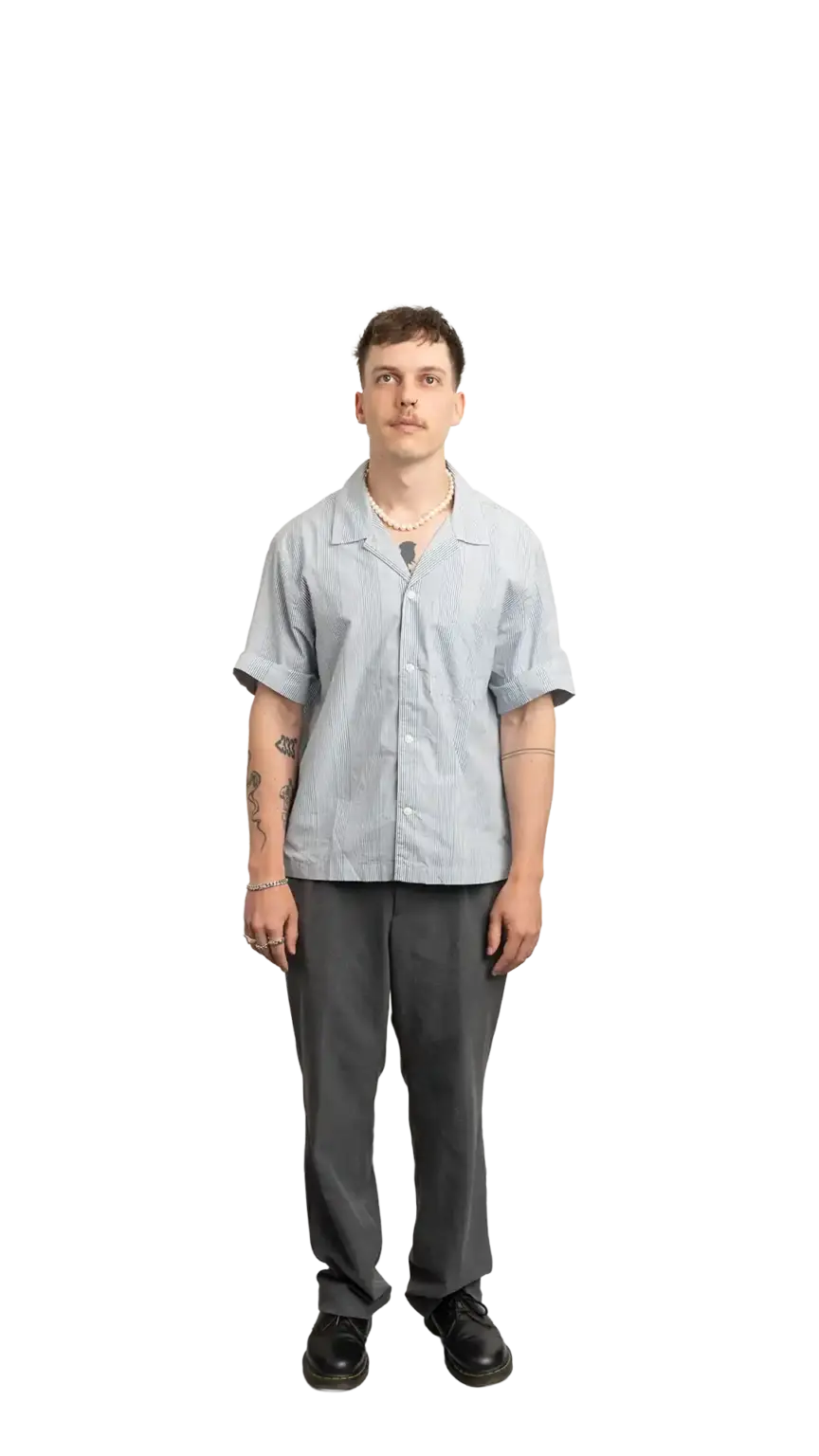 Cullen Webber, Technical Lead at The Start, full-body portrait — looking straight up