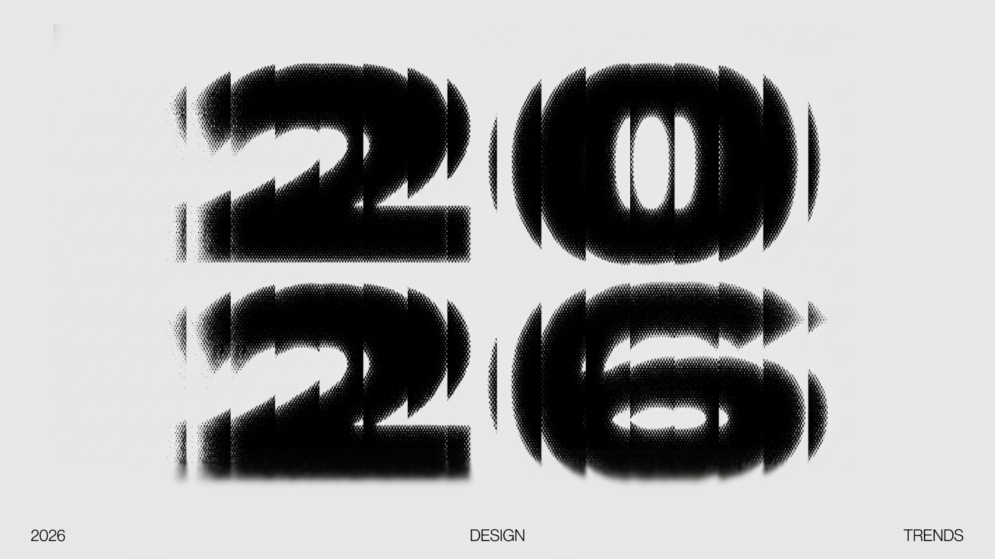 Design Trends 2026 blog cover — large distressed typographic '2026' with design and trends labels