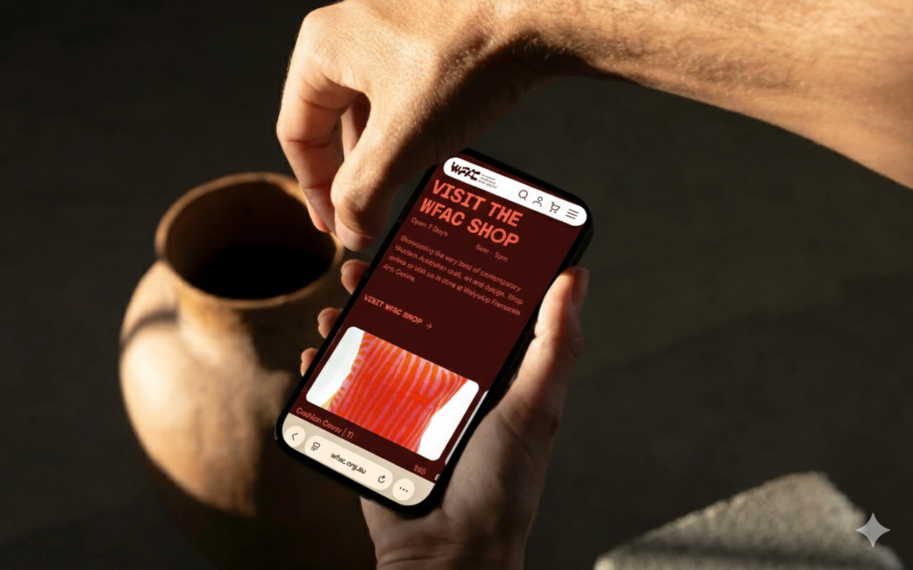 Hand holding a phone showing the WFAC app or website, beside a terracotta clay pot
