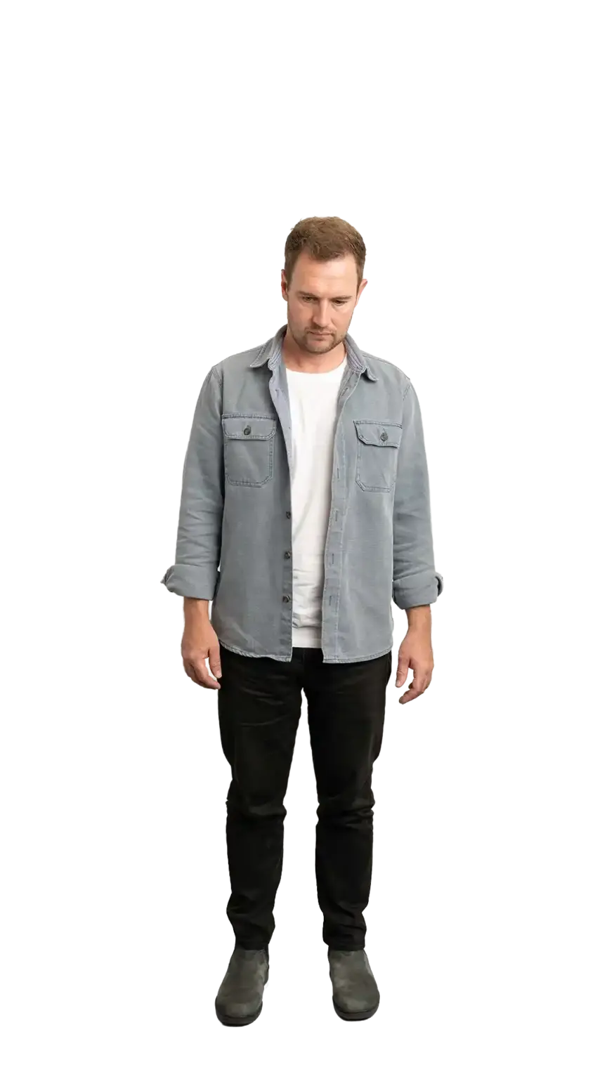 Ian Hollinshead, Client Services Manager at The Start, full-body portrait — looking straight down