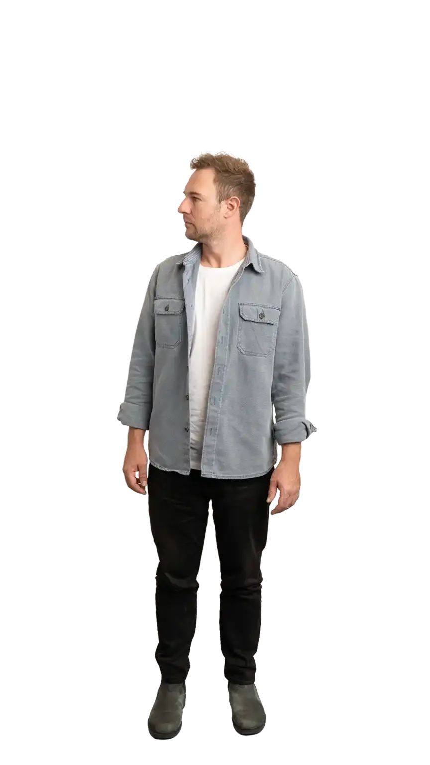 Ian Hollinshead, Client Services Manager at The Start, full-body portrait — looking to the left