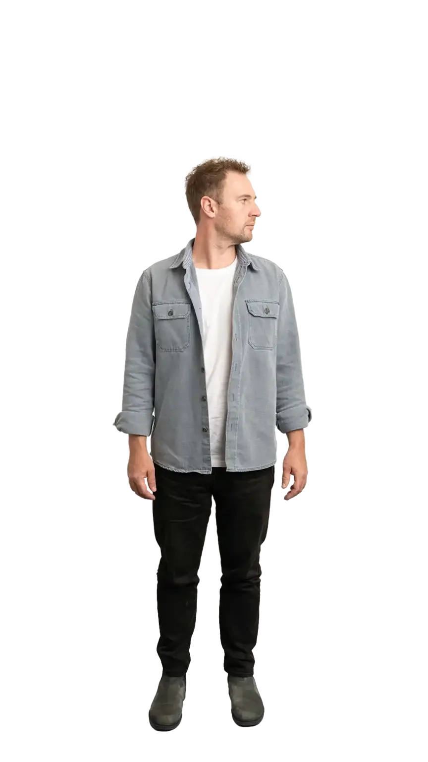 Ian Hollinshead, Client Services Manager at The Start, full-body portrait — looking to the right