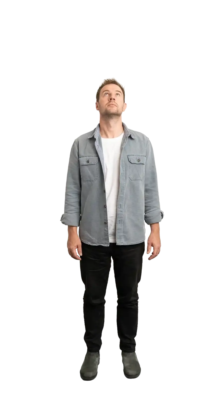 Ian Hollinshead, Client Services Manager at The Start, full-body portrait — looking straight up