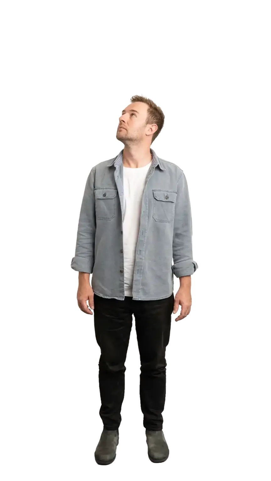 Ian Hollinshead, Client Services Manager at The Start, full-body portrait — looking up and to the left