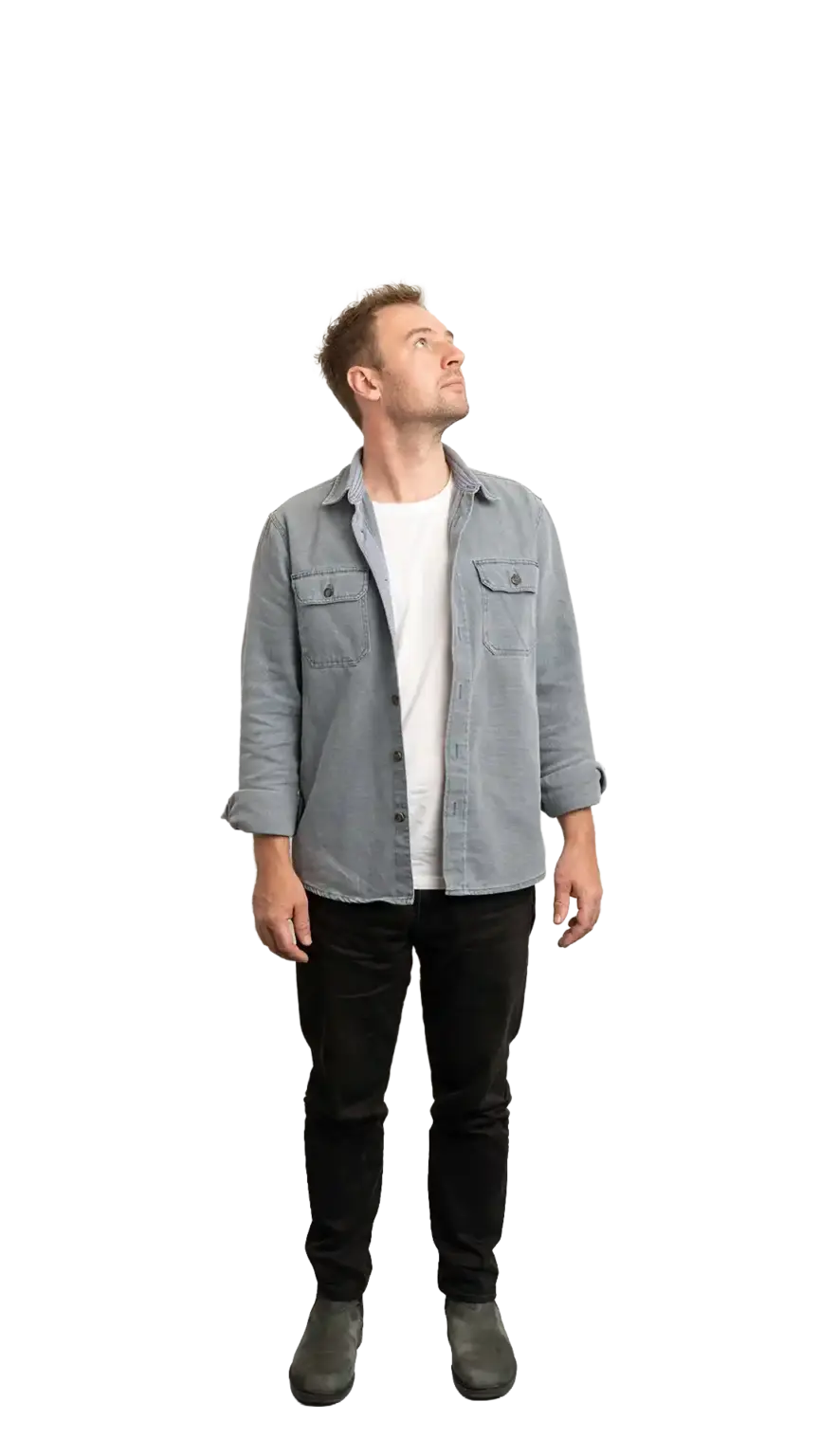 Ian Hollinshead, Client Services Manager at The Start, full-body portrait — looking up and to the right