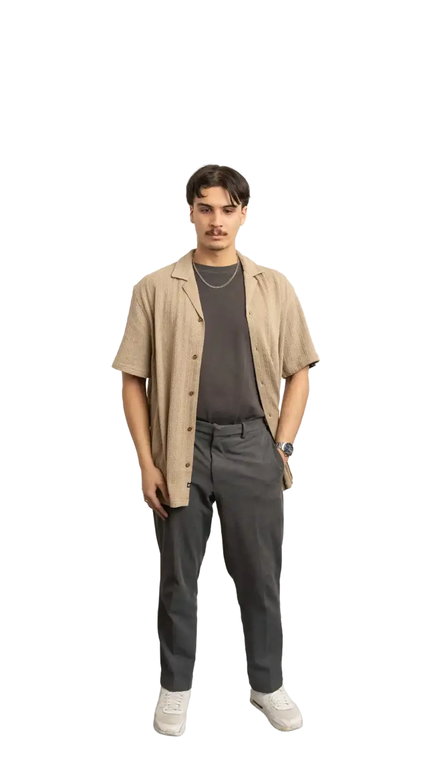 James Kang, Creative Developer at The Start, full-body portrait — looking straight down