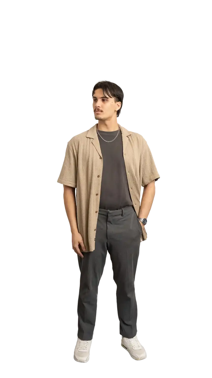 James Kang, Creative Developer at The Start, full-body portrait — looking to the left