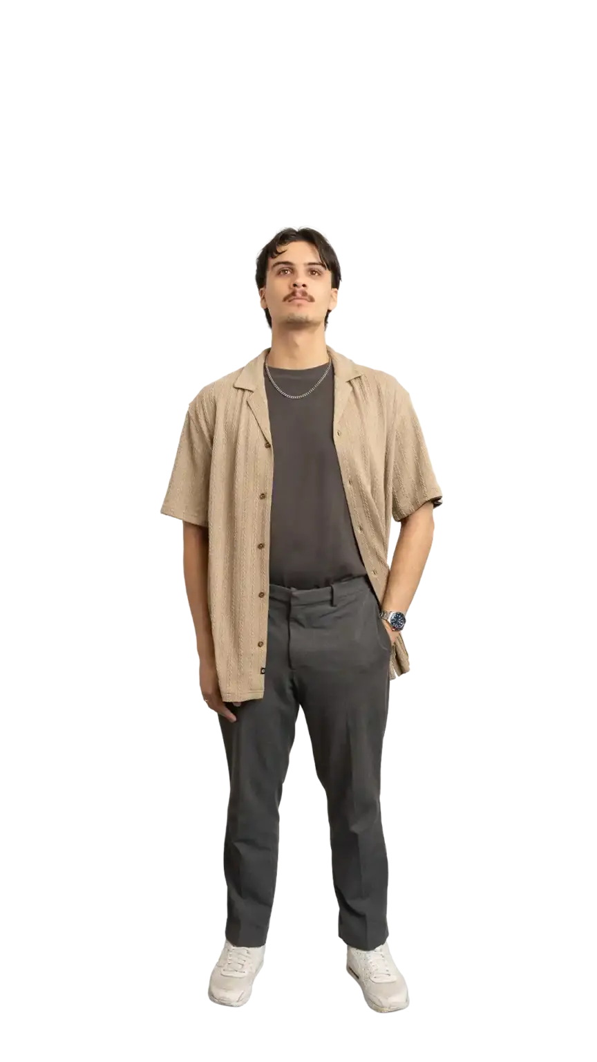 James Kang, Creative Developer at The Start, full-body portrait — looking straight up
