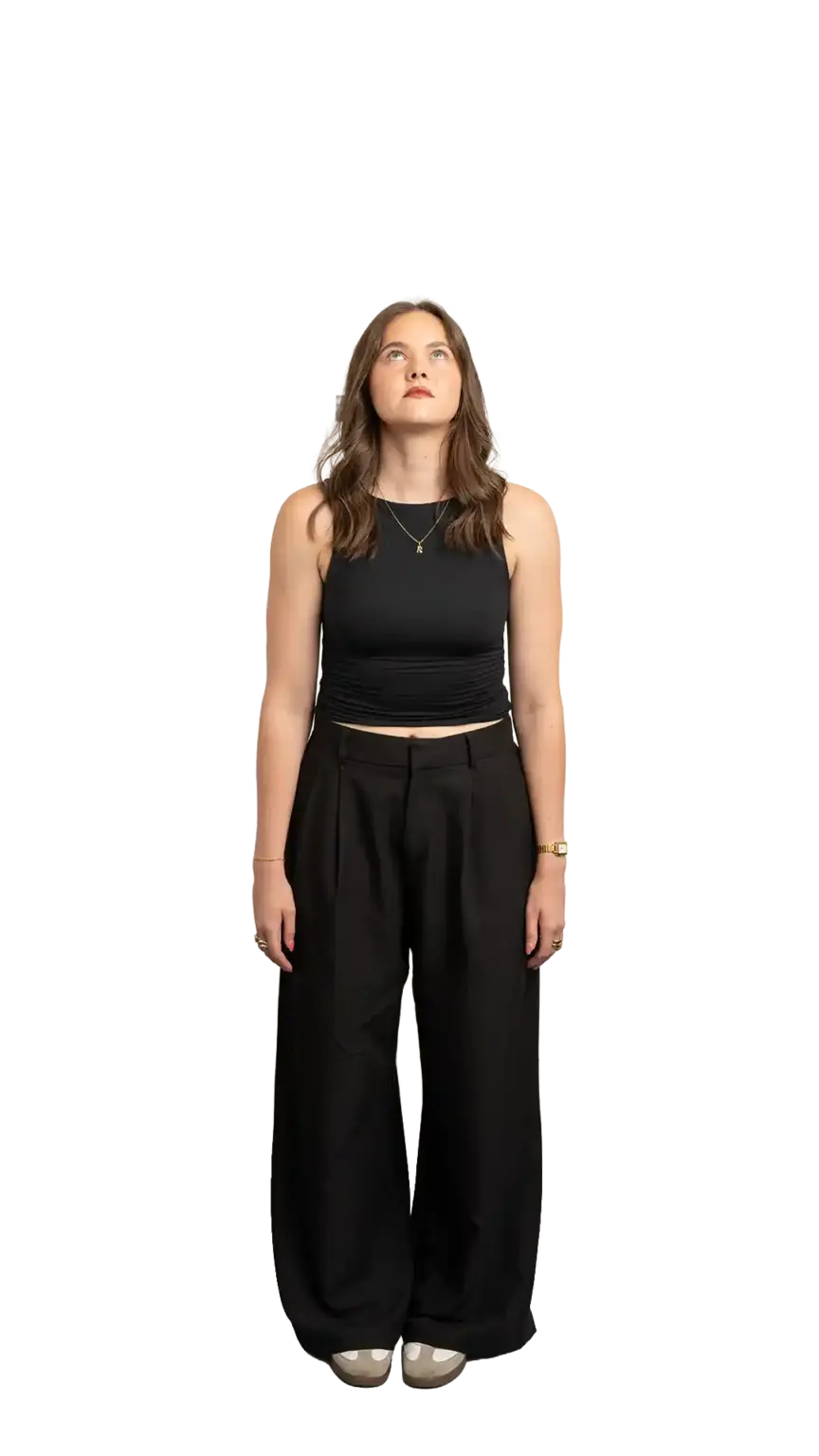 Rachel Clapp, Marketing Specialist at The Start, full-body portrait — looking straight up