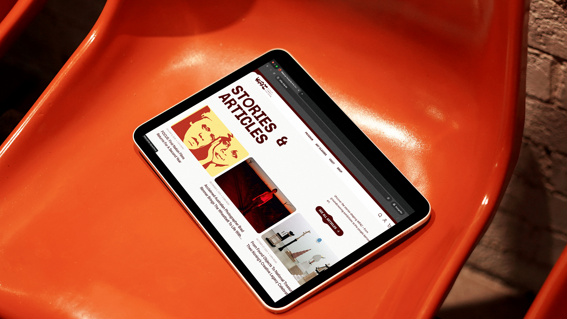 iPad mockup on an orange surface showing the WFAC website with house and techno music content