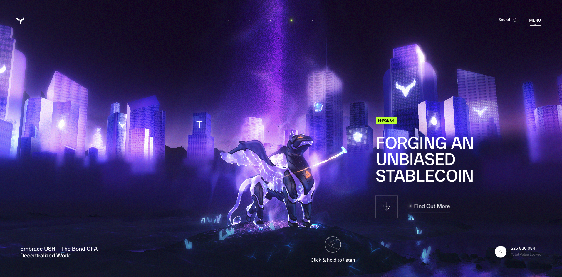 Screenshot of a stablecoin project website — 'Forging an Unbiased Stablecoin' with dark purple design