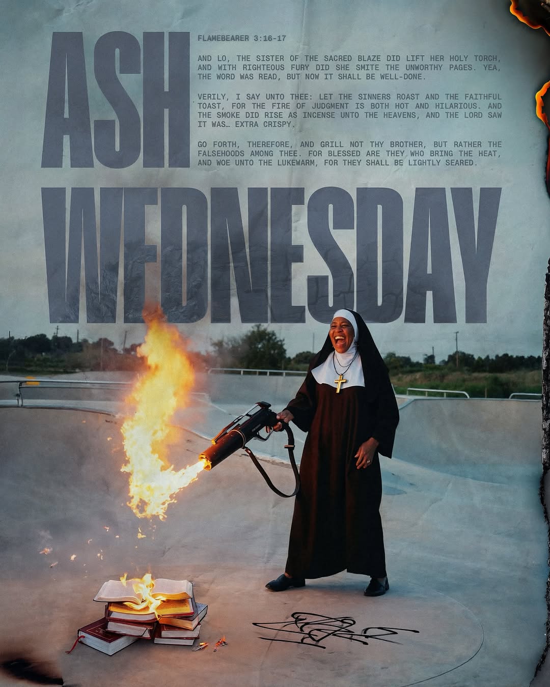 Ash Wednesday event poster — dark robed figure with fire and large text