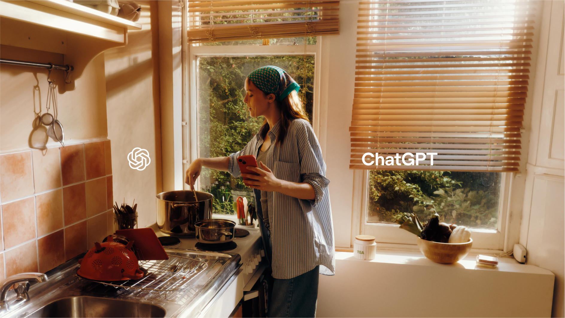 Young woman in a domestic setting with ChatGPT branding visible — OpenAI film campaign
