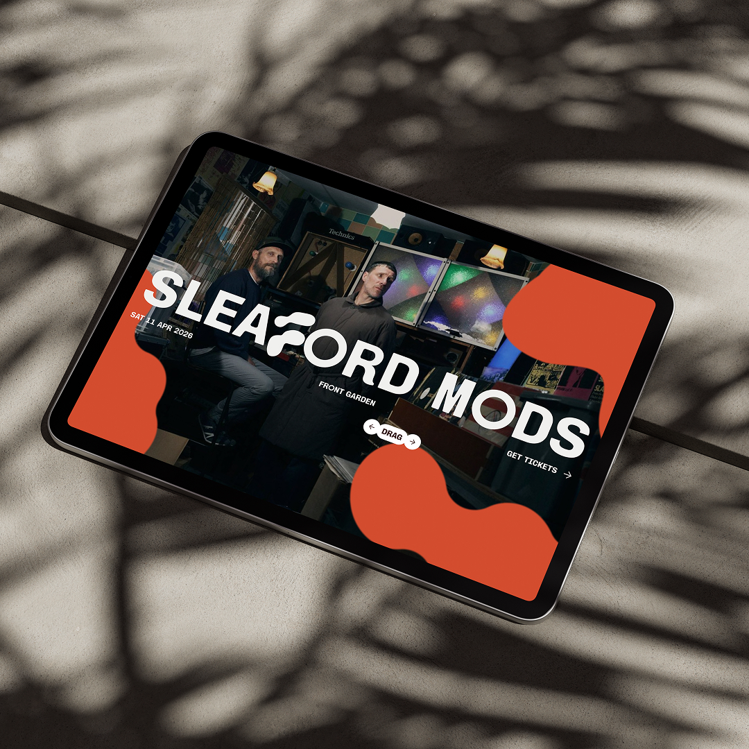 iPad mockup displaying a Sleaford Mods event design with tropical leaf shadows
