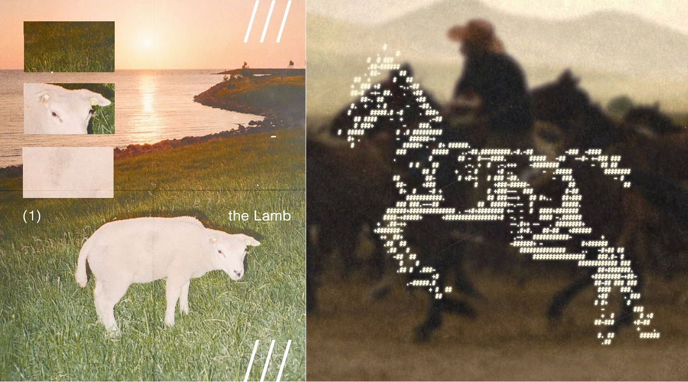 Conceptual collage of a white goat on green grass overlaid with surveillance camera motifs
