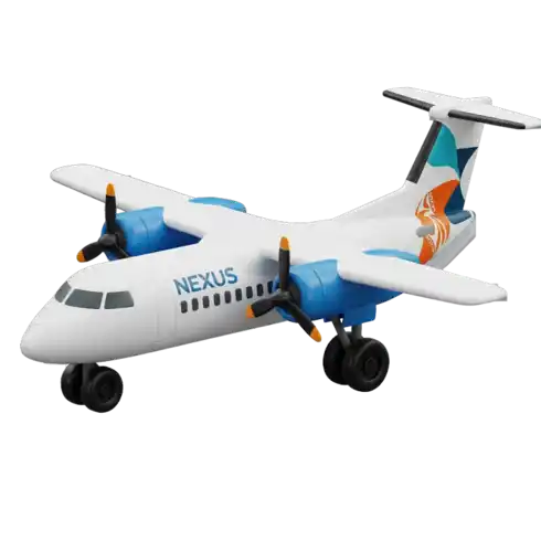 Nexus Airlines branded toy turboprop plane in white with blue engine accents, orange propeller tips, NEXUS fuselage lettering, and a phoenix logo on the tail