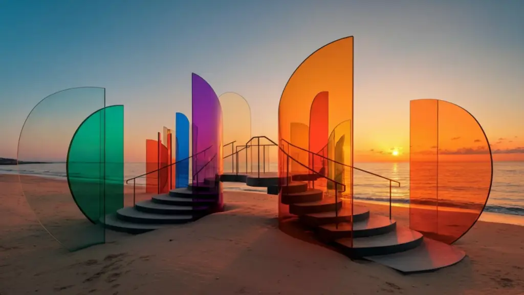Colourful translucent glass half-circle structures with spiral staircases on a beach at sunset, conceptualising the Joondalup Festival 2026 portal identity